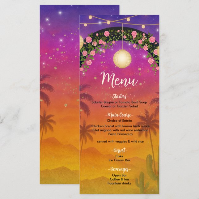 Hacienda Sunset Floral Arch 15th Quinceañera Menu (Front/Back)