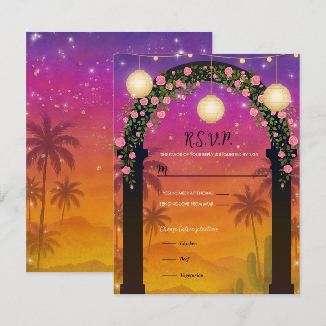 Hacienda Sunset Floral Arch 15th Quinceañera RSVP Invitation (Front/Back)