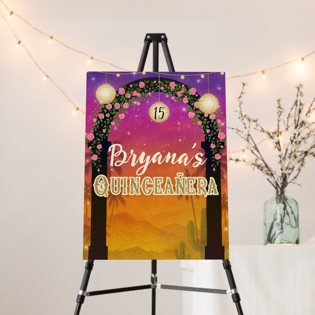 Hacienda Sunset Floral Arch 15th Quinceañera Sign (In Situ (Stand))