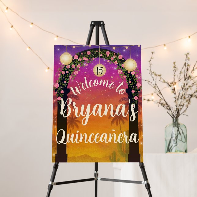 Hacienda Sunset Floral Arch 15th Quinceañera Sign (In Situ (Stand))