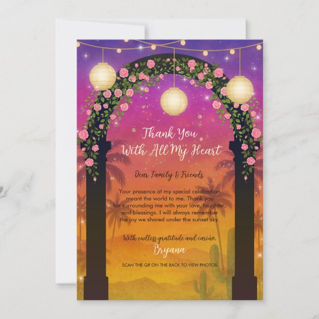 Hacienda Sunset Floral Arch Thank You Invitation (Front)