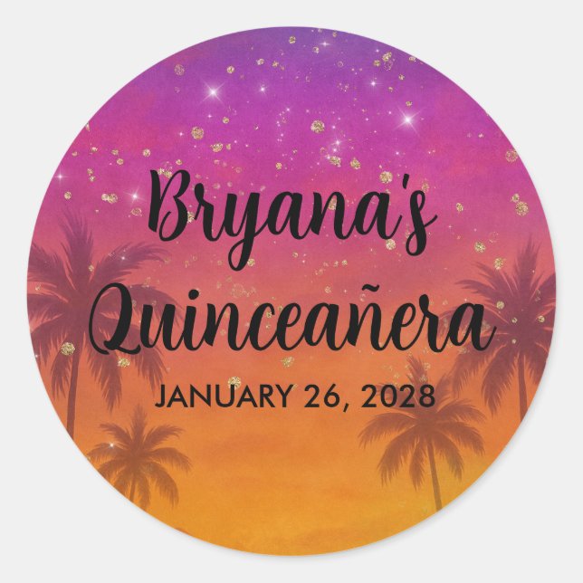 Hacienda Sunset Vibrant Fiesta Quinceañera  Classic Round Sticker (Front)
