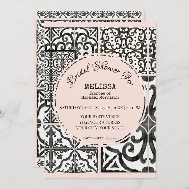 Hacienda Tile Black Blush Modern Bridal Shower Invitation (Front/Back)