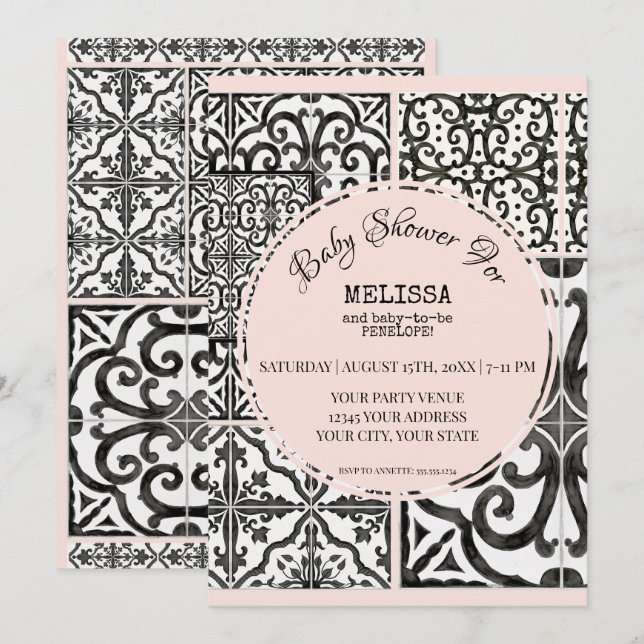 Hacienda Tile Black White Blush Modern Baby Shower Invitation (Front/Back)