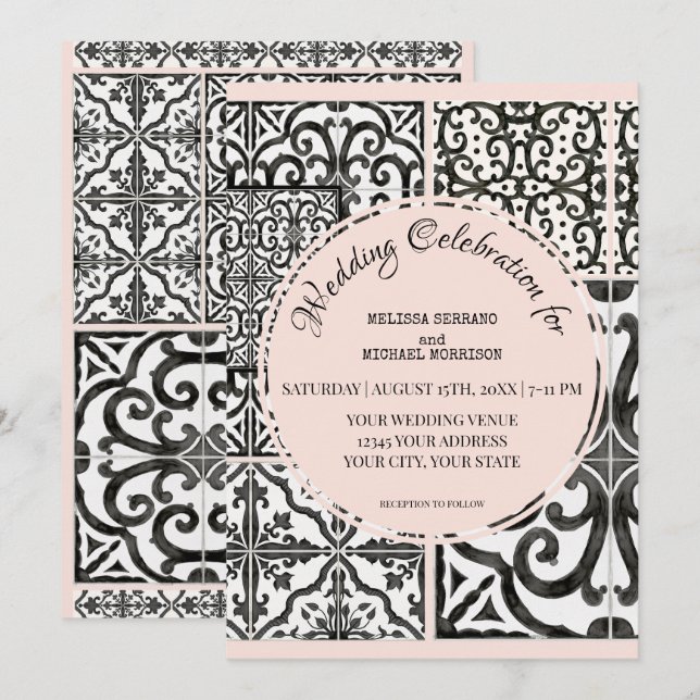 Hacienda Tile Black White  Blush Modern Wedding Invitation (Front/Back)