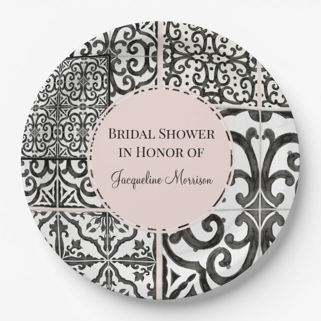 Hacienda Tile Pattern Black White Blush Bridal Paper Plates (Front)