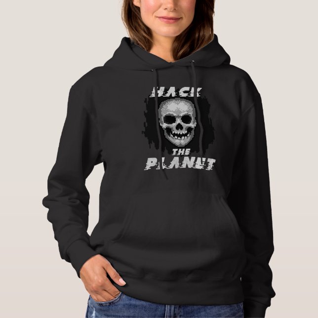 Hack The Planet Retro Pixel Computer Skull Graphic Hoodie (Front)