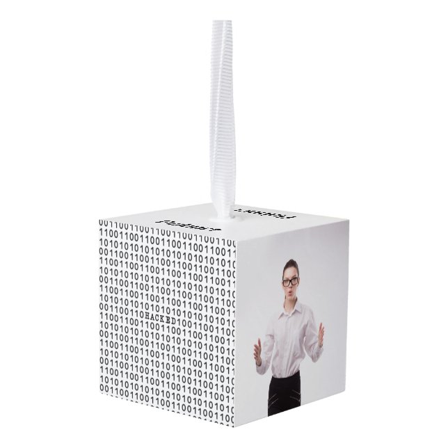 HACKED Computer Binary Code Custom Two Photo  Cube Ornament (Back Angled)