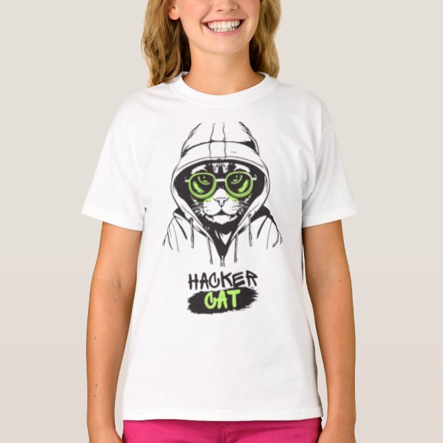 Hacker Cat Cyberpunk Tech Kitty Girls' T-Shirt (Front)