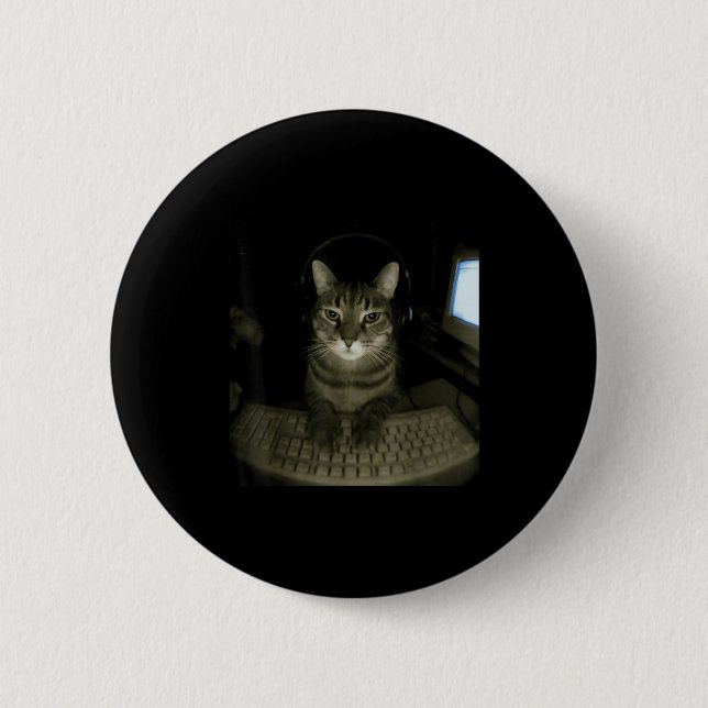 Hacker Cat Meme Funny Computer Cat Kitten Gamer Ca Button (Front)