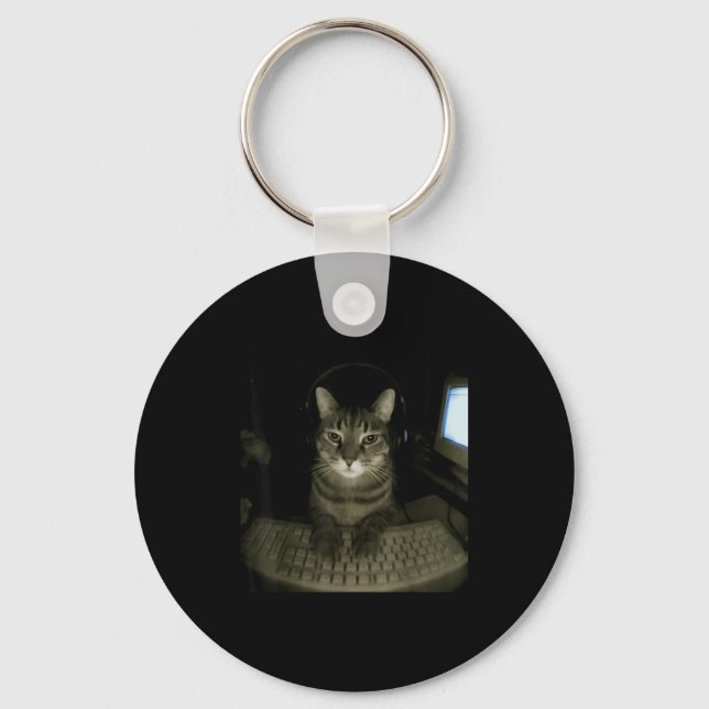 Hacker Cat Meme Funny Computer Cat Kitten Gamer Ca Keychain (Front)