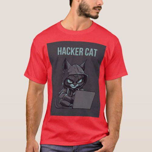 Hacker cat printed t_shirt 