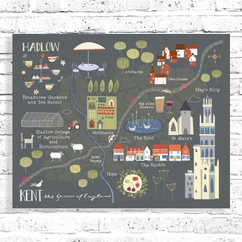 Hadlow, Kent Illustrated English Village Map Photo Print