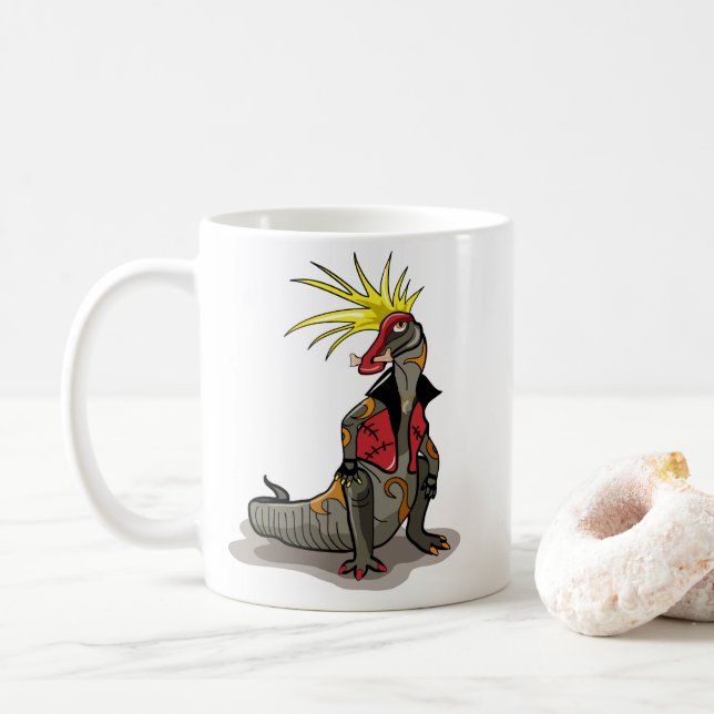 Hadrosaurus Dinosaur Dressed As A Punk. Coffee Mug (With Donut)