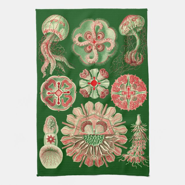 Haeckel Marine Jellyfish Illustration Red & Green Towel (Vertical)