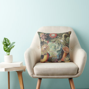Haeckel Sea Anemones Nautical Sea Life Art Collage Throw Pillow