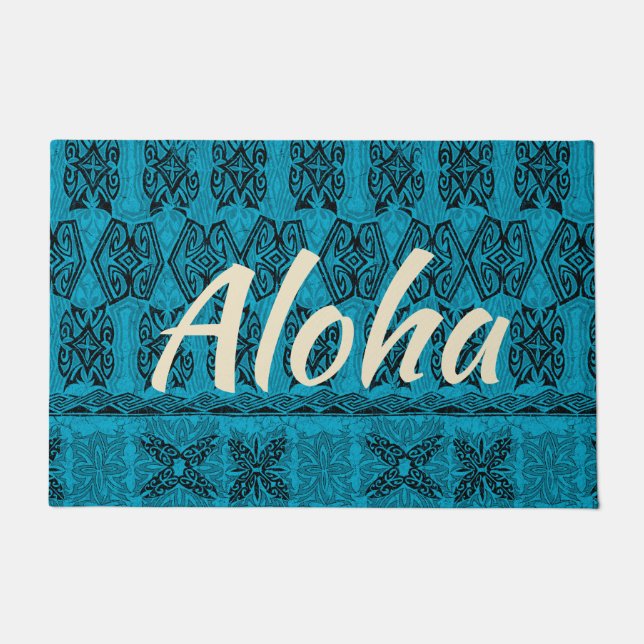 Haena Beach Hawaiian Primitive Tapa Aloha Teal Doormat (Front)