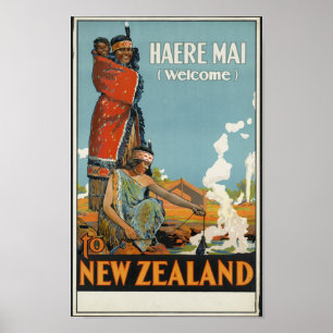 Haere Mai Welcome to New Zealand retro travel art Poster