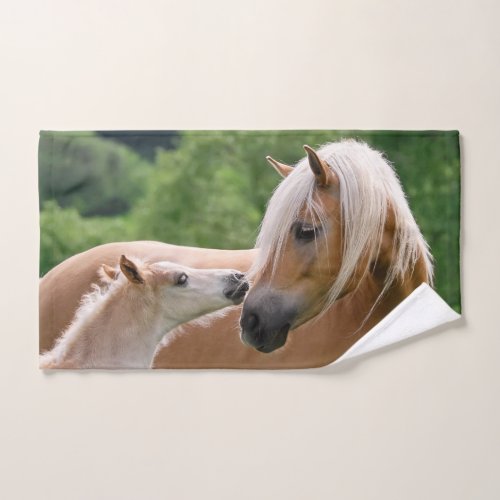 Haflinger Cute Horses Foal and Mom Cuddling Kiss  Bath Towel Set