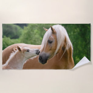 Haflinger Cute Horses Foal and Mom Cuddling Kiss , Beach Towel