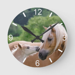 Haflinger Cute Horses Foal and Mom Cuddling Kiss - Round Clock