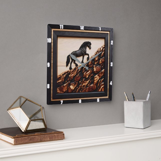 Haflinger Hillside: Wood Art Custom Style Square Wall Clock (Office)