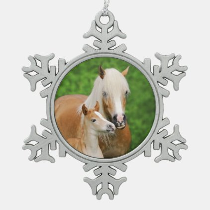 Haflinger Horse Cute Baby Foal Kiss Mum Pony Photo Snowflake Pewter Christmas Ornament
