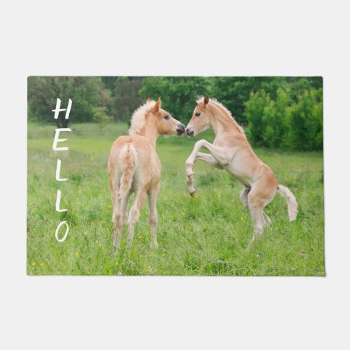 Haflinger Horses Cute Foals Friends Rearing Photo Doormat
