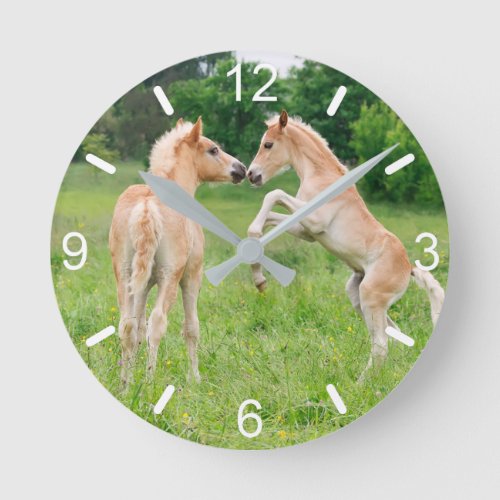 Haflinger Horses Cute Foals Rearing Fun dial_plate Round Clock