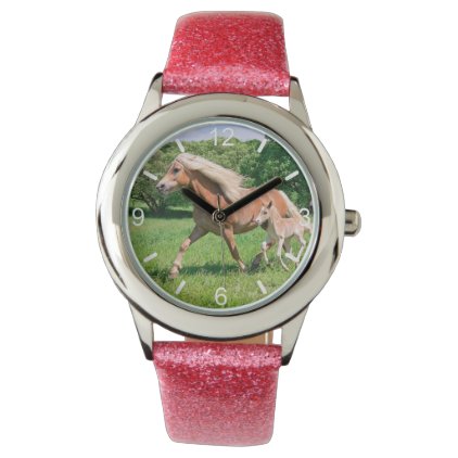 Haflinger Horses Cute Foals Run Funny - dial-plate Wristwatch