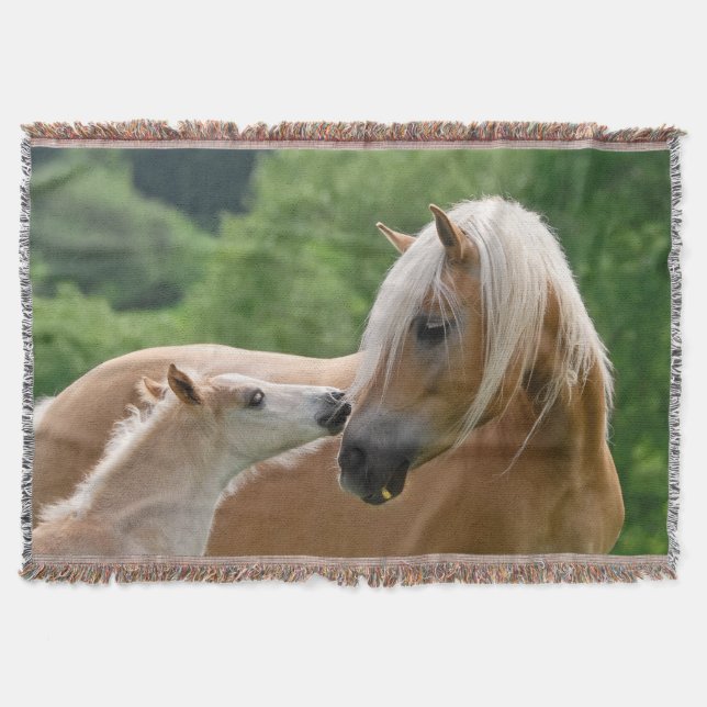 Haflinger Horses Foal Mare Cuddling, Soft Throw Blanket (Front)
