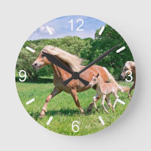 Haflinger Horses with Cute Foals Run _ dial_plate Round Clock