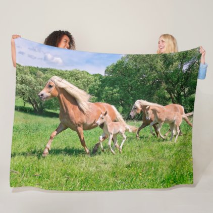 Haflinger Horses with Cute Foals Run Funny Photo - Fleece Blanket