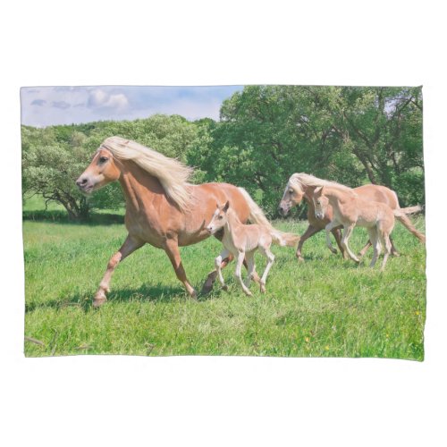 Haflinger Horses with Cute Foals Run Funny Photo  Pillowcase