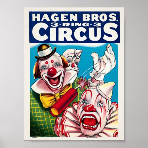 Hagen Bros Clown USA Vintage Poster Restored