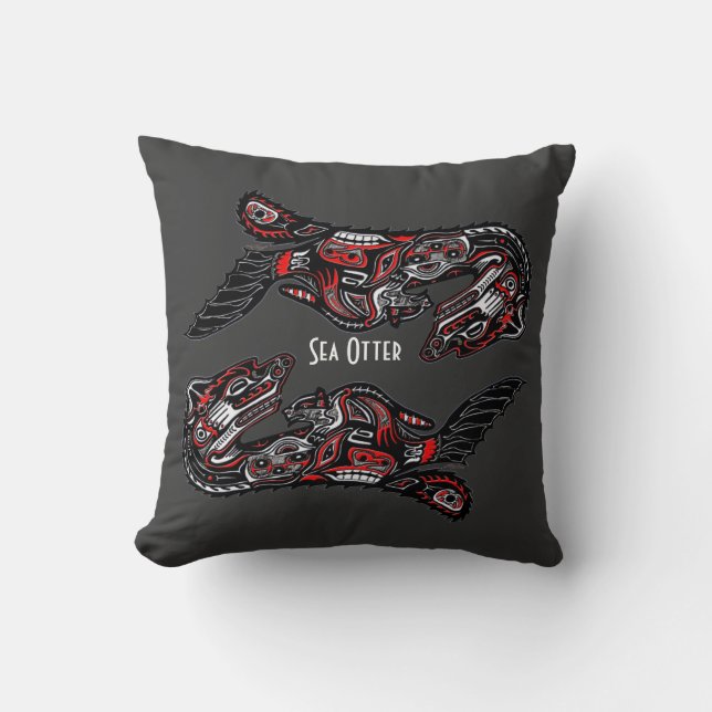 Haida Art-style Sea Otter Wildlife Throw Pillow (Front)