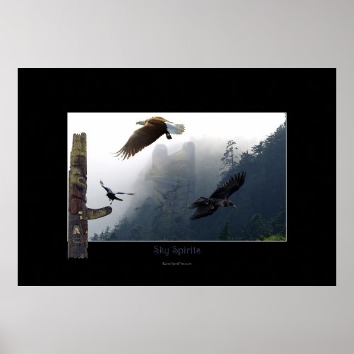 Haida Art_themed Raven Eagle  Totem Pole Poster