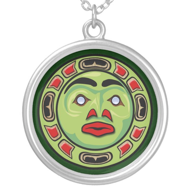 Haida Native American Indian Moon Mask Silver Plated Necklace (Front)