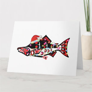 Haida Salmon Spirit Animal With Christmas Lights Card