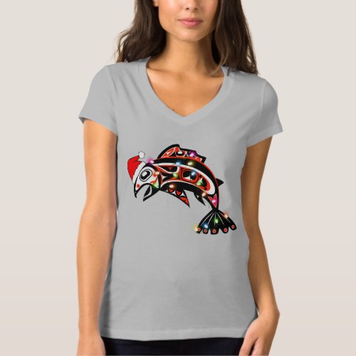 Haida Salmon Spirit Animal With Christmas Lights T_Shirt