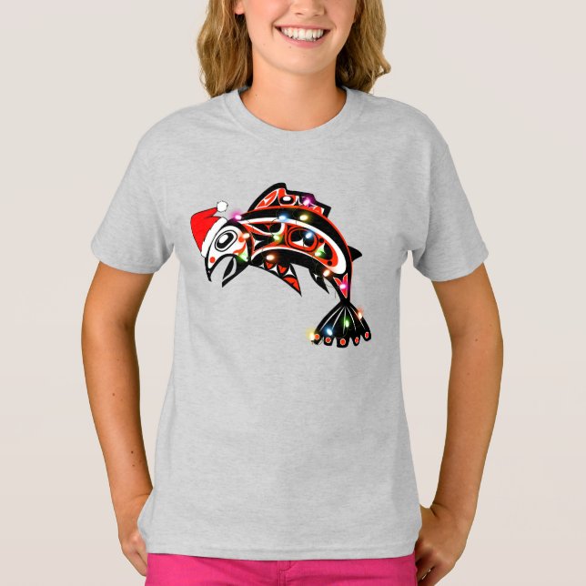 Haida Salmon Spirit Animal With Christmas Lights T-Shirt (Front)