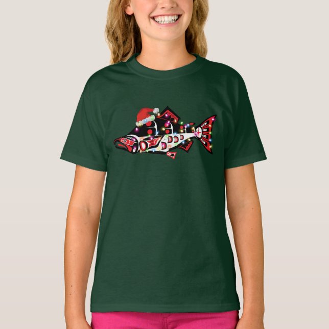 Haida Salmon Spirit Animal With Christmas Lights T-Shirt (Front)