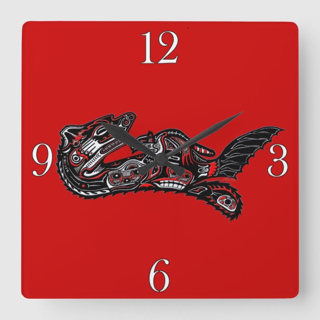Haida-style Mother Otter and Baby Otter Native Art Square Wall Clock (Front)