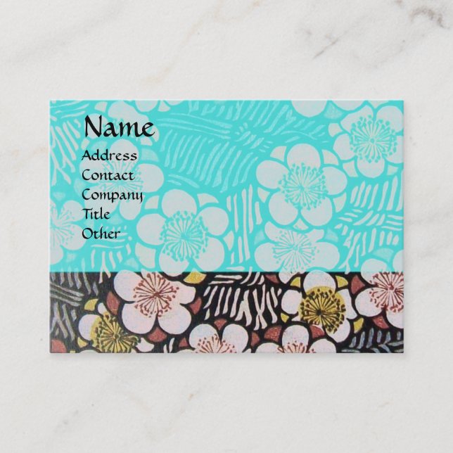 HAIKU / BLACK WHITE BLUE TURQUOISE SPRING FLOWERS BUSINESS CARD (Front)