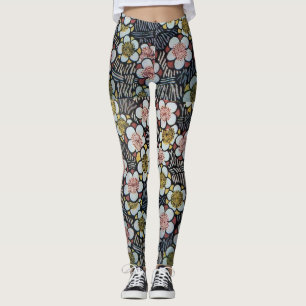 HAIKU/ BLACK WHITE PINK YELLOW SPRING FLOWERS LEGGINGS