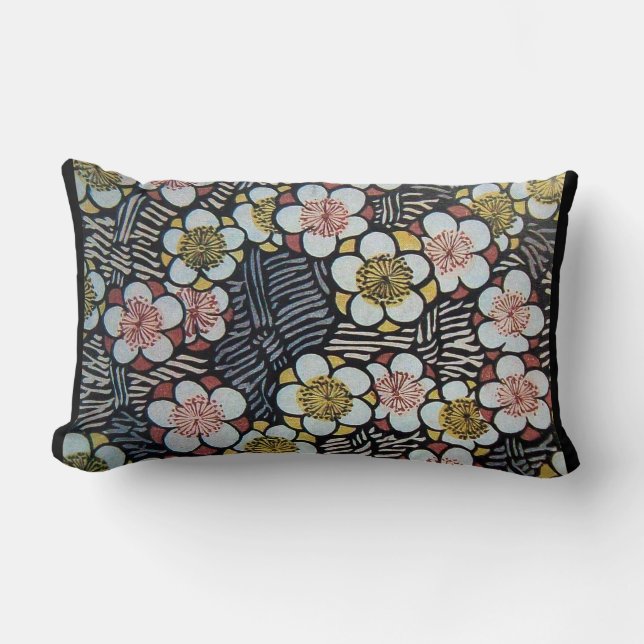 HAIKU/ BLACK WHITE PINK YELLOW SPRING FLOWERS LUMBAR PILLOW (Front)