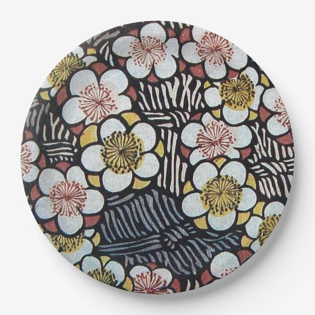 HAIKU/ BLACK WHITE PINK YELLOW SPRING FLOWERS   PAPER PLATES (Front)