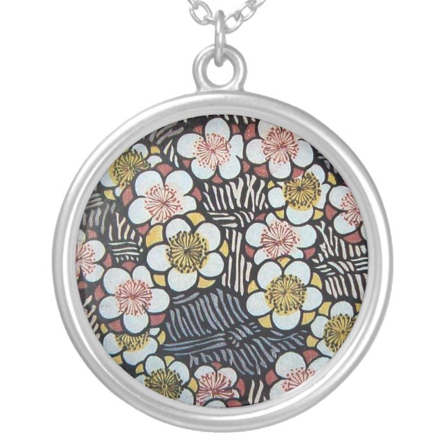 HAIKU/ BLACK WHITE PINK YELLOW SPRING FLOWERS SILVER PLATED NECKLACE (Front)
