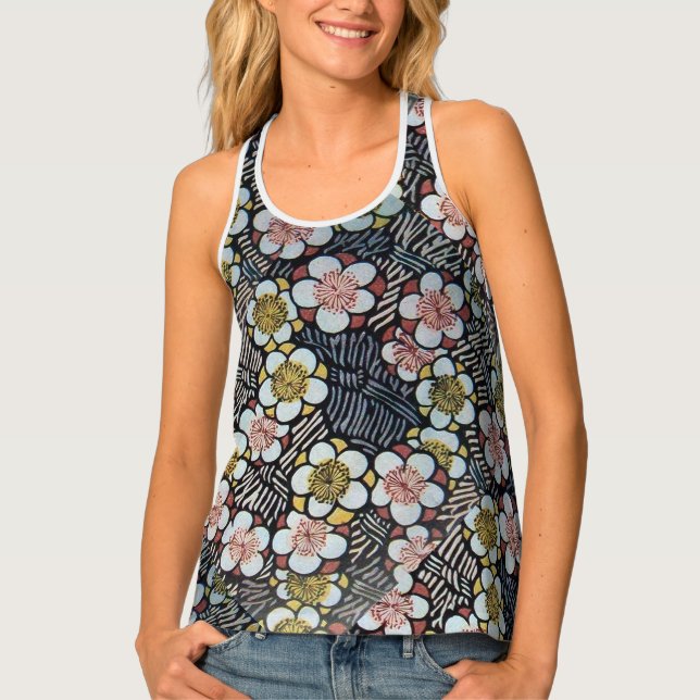 HAIKU/ BLACK WHITE PINK YELLOW SPRING FLOWERS TANK TOP (Front)
