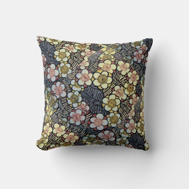HAIKU/ BLACK WHITE PINK YELLOW SPRING FLOWERS  THROW PILLOW (Front)